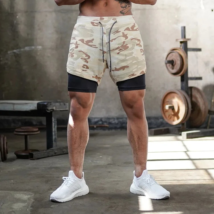 Men's Camo Running Double Layer Shorts: 2-in-1 Quick Dry, Breathable, Gym & Sports - TheWellBeing4All