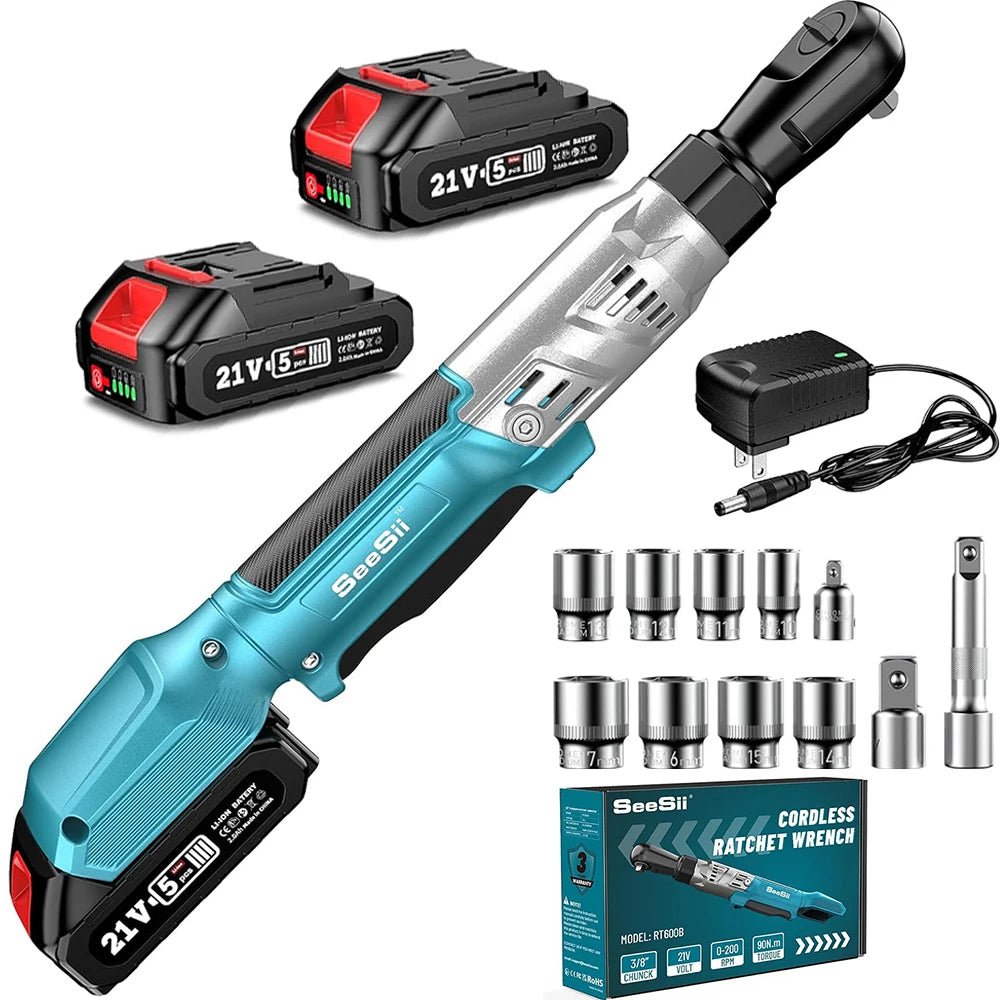 21V Cordless Ratchet Wrench – 90Nm Torque, 2x 2000mAh Batteries, LED Light (Car Repair & DIY Tool Kit) - TheWellBeing4All