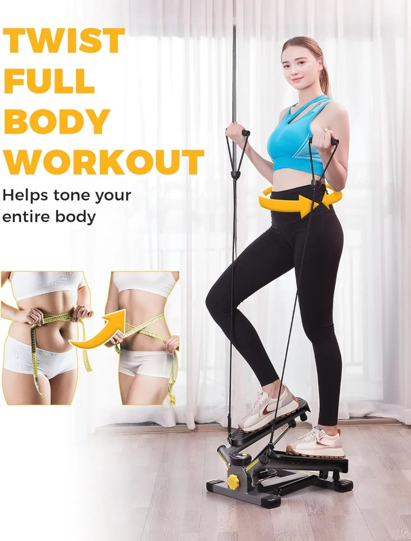 300LBS Capacity Adjustable Mini Stepper – Full-Body Workout Machine with Twist Motion, Quiet Hydraulic System & Resistance Bands (LCD Tracker) - TheWellBeing4All