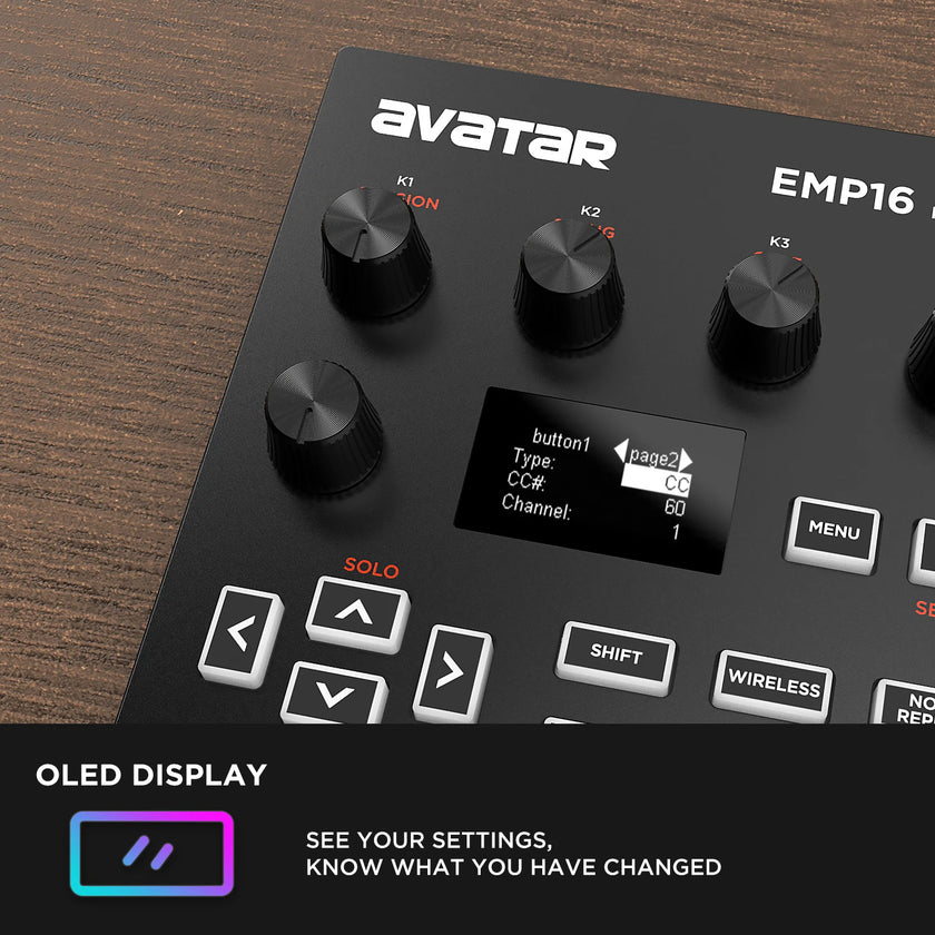 Avatar EMP16 wireless MIDI pad controller with RGB pads and DAW integration
