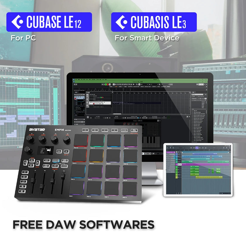 Avatar EMP16 wireless MIDI pad controller with RGB pads and DAW integration