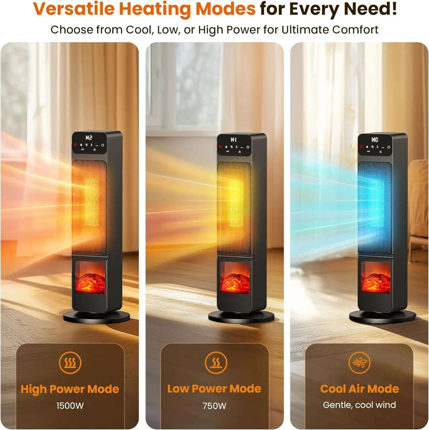 DUTRIEUX 1500W Electric Fireplace Heater – Portable with Child Lock, ECO Mode, PTC Ceramic, 3D Flame, 12H Timer, Remote Control, 70° Oscillation