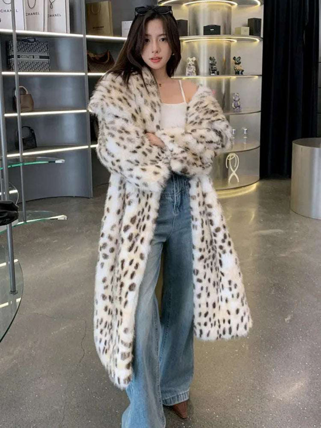 Elegant Leopard Print Faux Mink Fur Coat - Women's Long Oversized Winter Jacket
