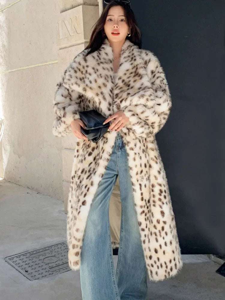 Elegant Leopard Print Faux Mink Fur Coat - Women's Long Oversized Winter Jacket
