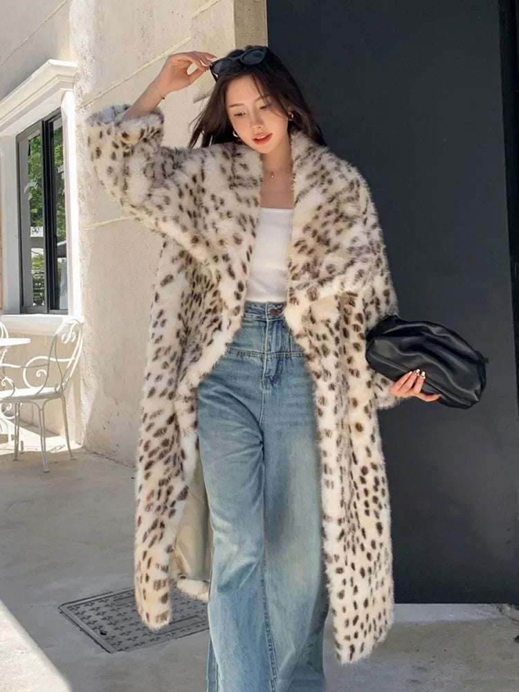 Elegant Leopard Print Faux Mink Fur Coat - Women's Long Oversized Winter Jacket