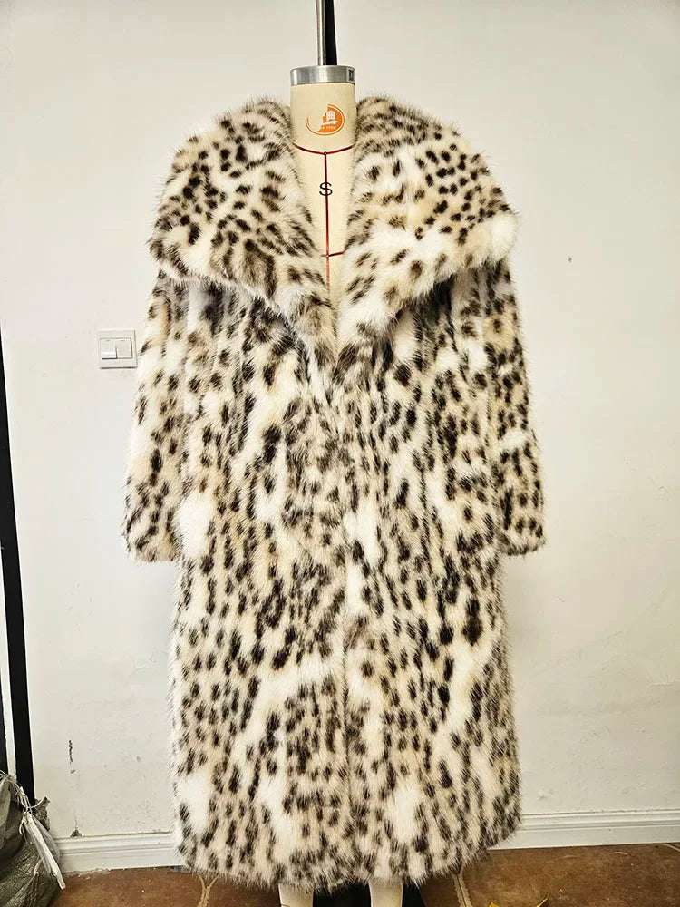 Elegant Leopard Print Faux Mink Fur Coat - Women's Long Oversized Winter Jacket