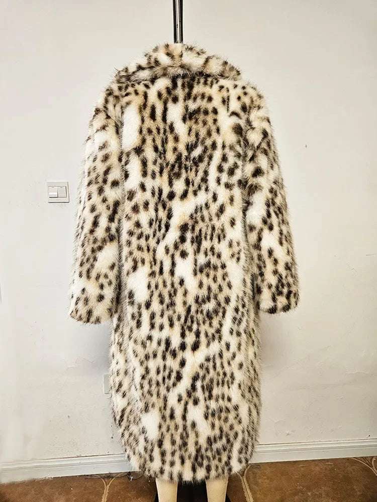 Elegant Leopard Print Faux Mink Fur Coat - Women's Long Oversized Winter Jacket