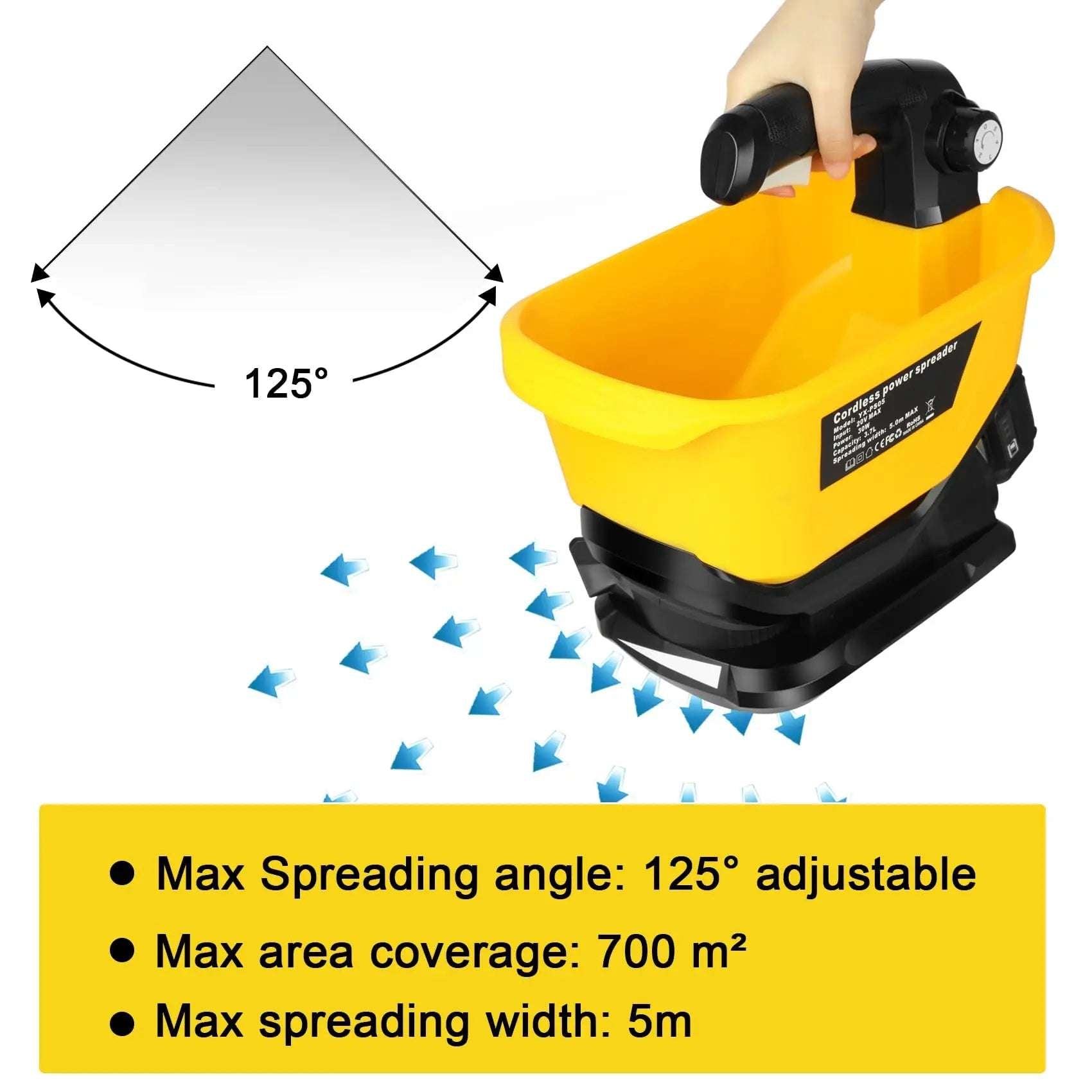 Handheld Seed Spreader for Dewalt 20V/60V Li-ion Battery – 3.7L Capacity for Grass Seed, Fertilizer, Salt