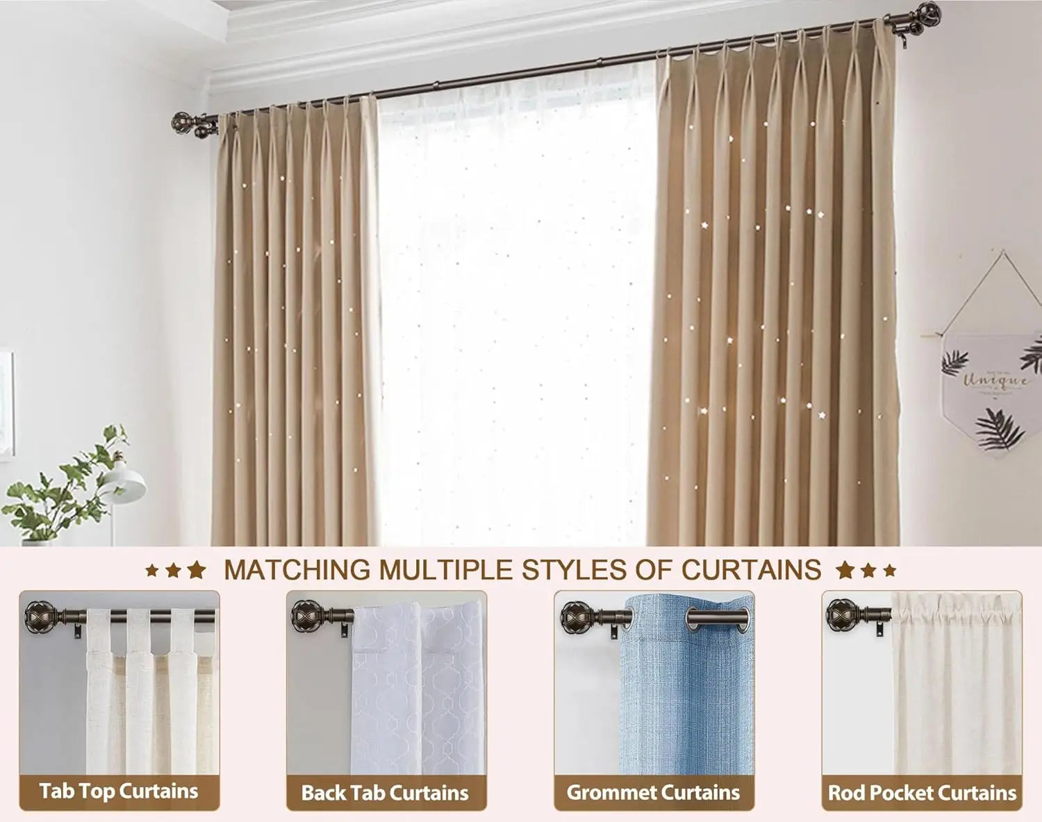 Heavy-Duty Telescoping Double Curtain Rod 66-120 Inch – Netted Texture Finials, 30lb Capacity, 6 Colors for Large Windows (54-115”) - TheWellBeing4All