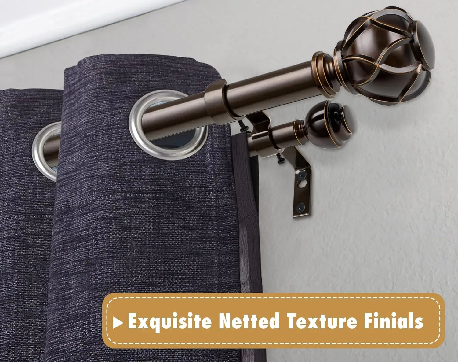 Heavy-Duty Telescoping Double Curtain Rod 66-120 Inch – Netted Texture Finials, 30lb Capacity, 6 Colors for Large Windows (54-115”) - TheWellBeing4All