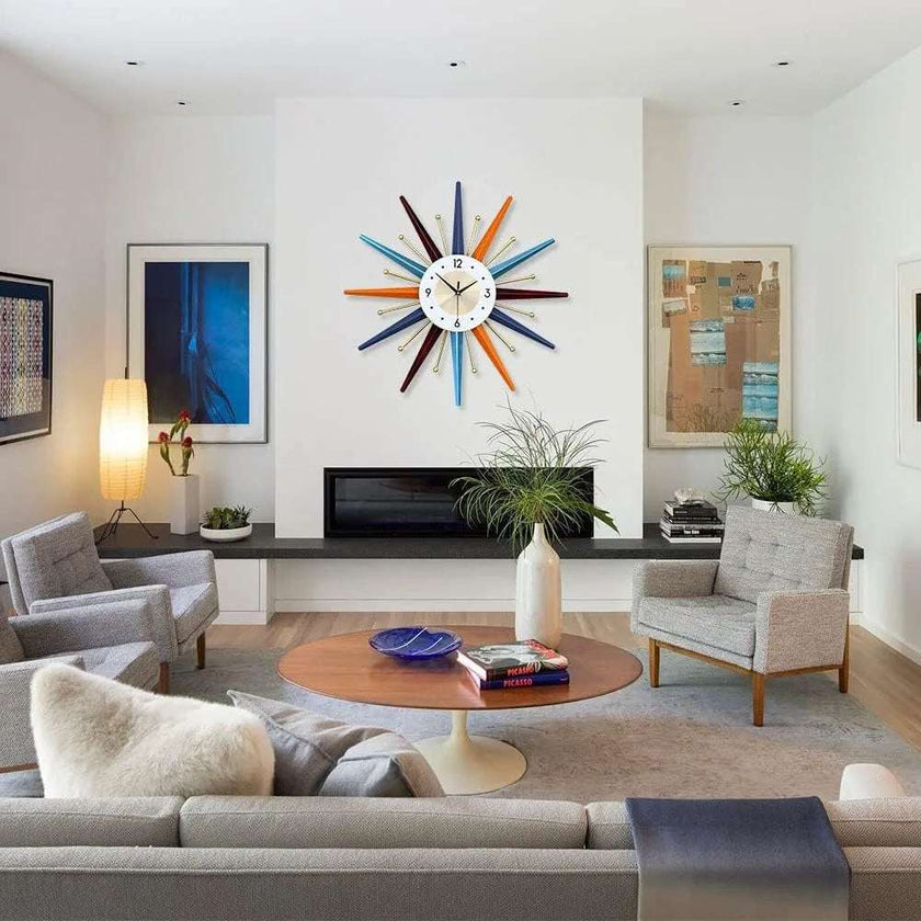 Modern Wall Clock | Starburst Mid-Century Modern Decor | Non-Ticking Battery Operated Colorful Clock - TheWellBeing4All
