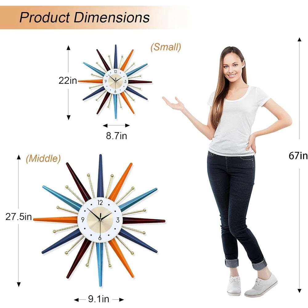 Modern Wall Clock | Starburst Mid-Century Modern Decor | Non-Ticking Battery Operated Colorful Clock - TheWellBeing4All