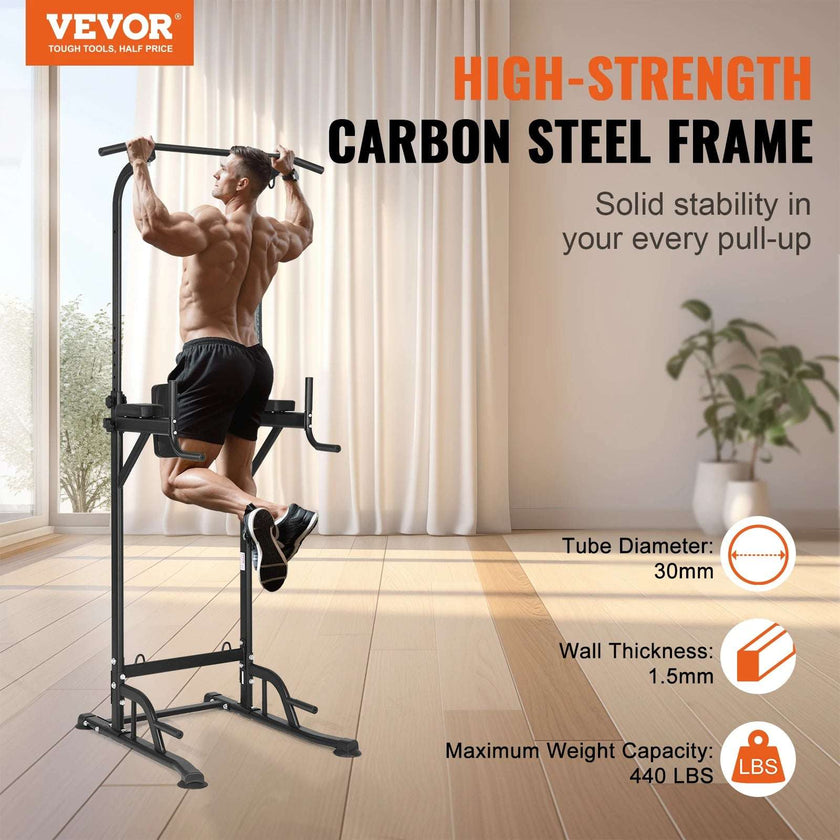 Power Tower Dip Station | 10-Level Height Adjustable Pull Up Bar Stand | Multi-Function Home Gym Strength Training Equipment