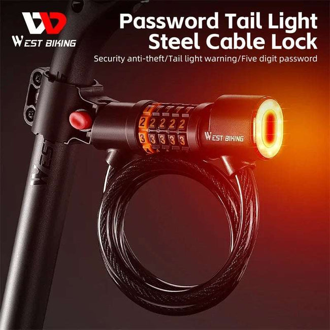 Rechargeable Bicycle Cable Lock with Rear Lights | 4 & 5 Digits Anti-Theft Password, Waterproof, Portable Cycling Lock