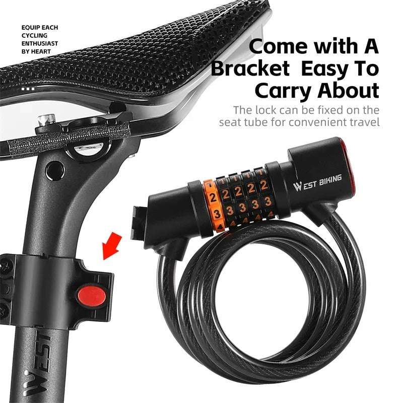 Rechargeable Bicycle Cable Lock with Rear Lights | 4 & 5 Digits Anti-Theft Password, Waterproof, Portable Cycling Lock