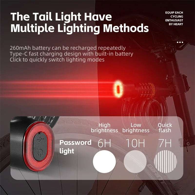 Rechargeable Bicycle Cable Lock with Rear Lights | 4 & 5 Digits Anti-Theft Password, Waterproof, Portable Cycling Lock