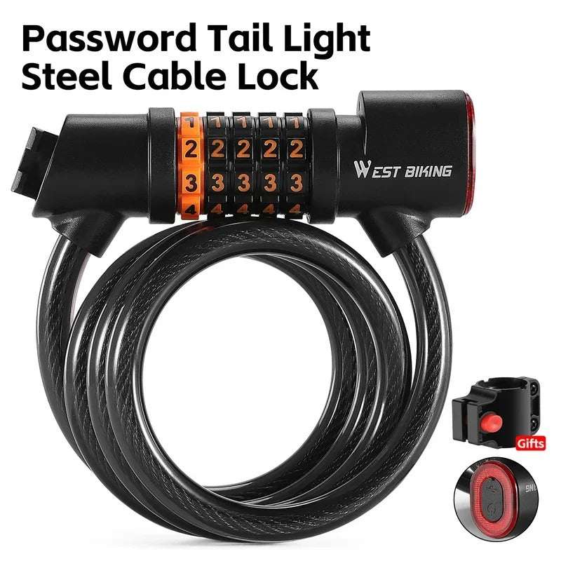 Rechargeable Bicycle Cable Lock with Rear Lights | 4 & 5 Digits Anti-Theft Password, Waterproof, Portable Cycling Lock