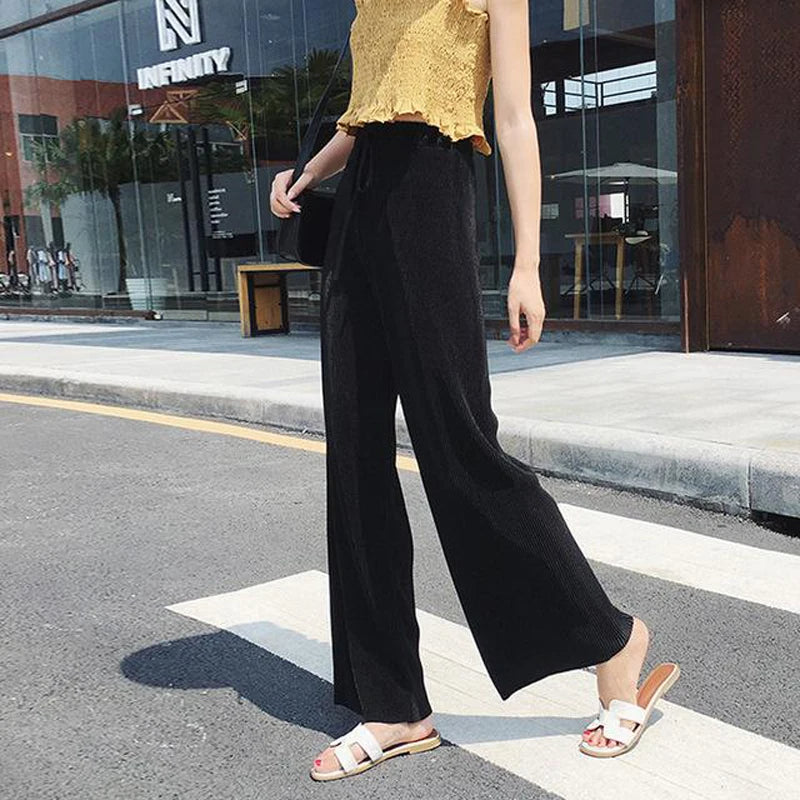 Women's Summer Wide-Leg Ice Silk Pants – Elastic Waist Pleated Trousers, Loose Casual Ankle-Length Trousers (Mid-Rise, Medium Stretch) - TheWellBeing4All
