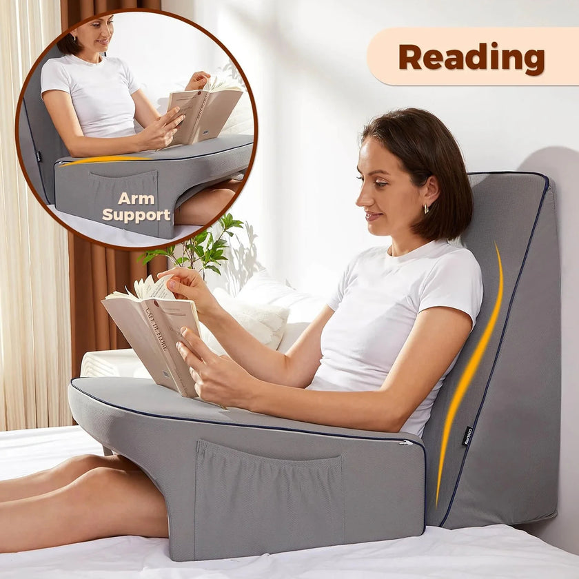 Memory Foam Reading Pillow for Bed – Lap Desk Pillow with Arm Rest, Bamboo Fiber Cover, Pocket Design (Petite Adults & Teens) - TheWellBeing4All