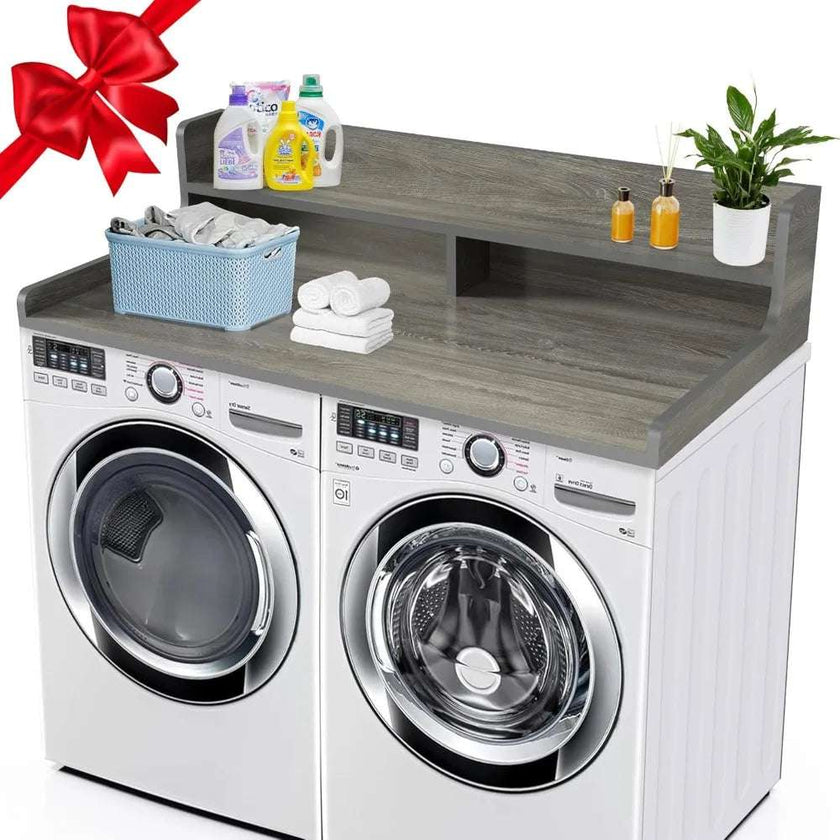 Universal Fit Laundry Countertop with 2-Tier Shelf - Durable Solid Wood Storage for Washer and Dryer