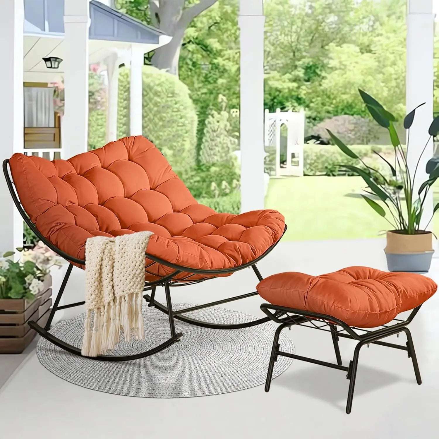 Patio Rocking Egg Reading Chair with Ottoman - Indoor & Outdoor, Steel Frame, Extra Wide, Cloud-Like Comfort