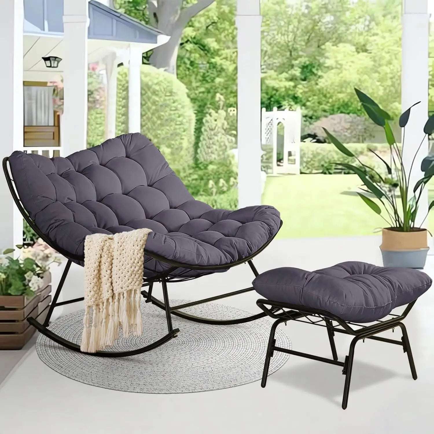 Patio Rocking Egg Reading Chair with Ottoman - Indoor & Outdoor, Steel Frame, Extra Wide, Cloud-Like Comfort
