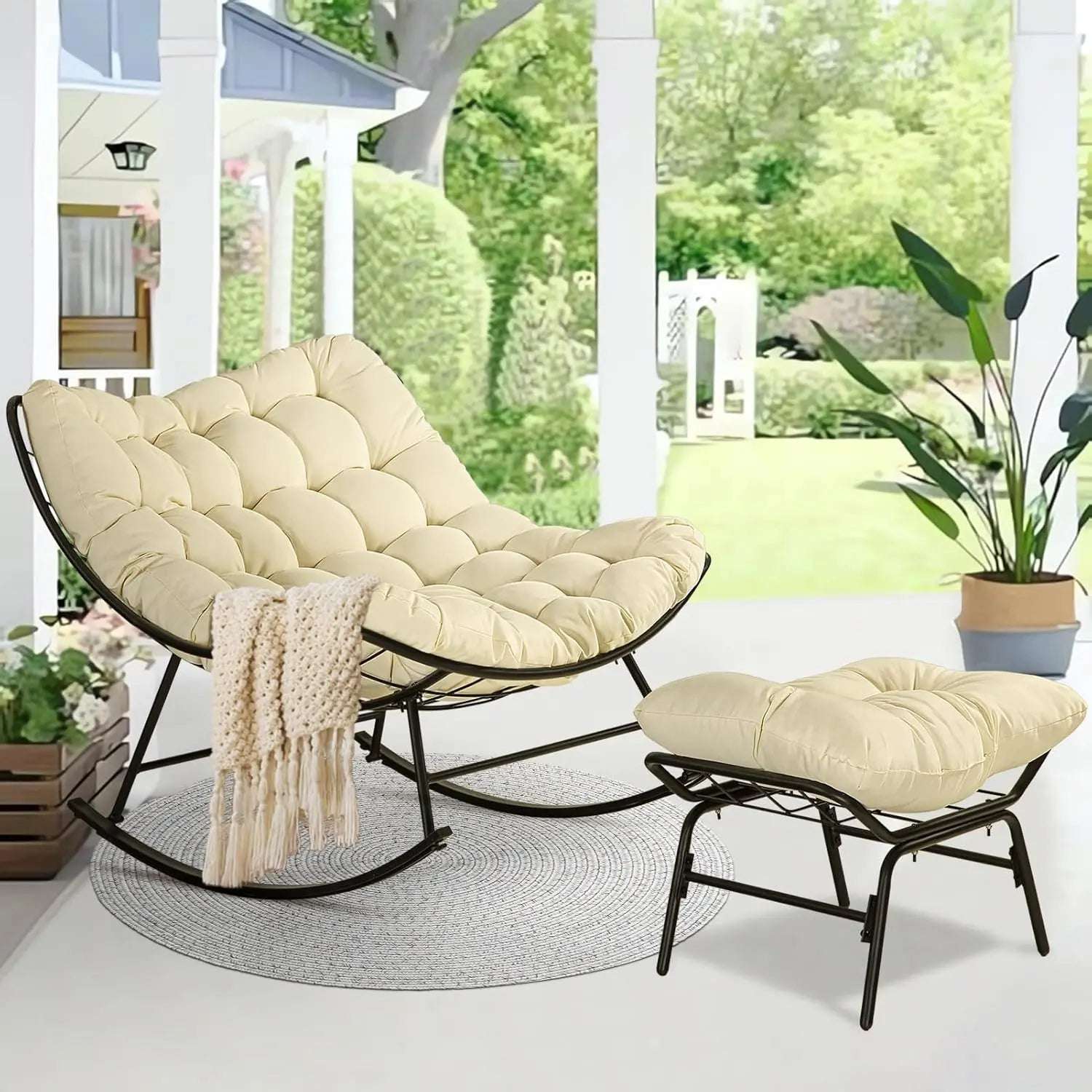 Patio Rocking Egg Reading Chair with Ottoman - Indoor & Outdoor, Steel Frame, Extra Wide, Cloud-Like Comfort