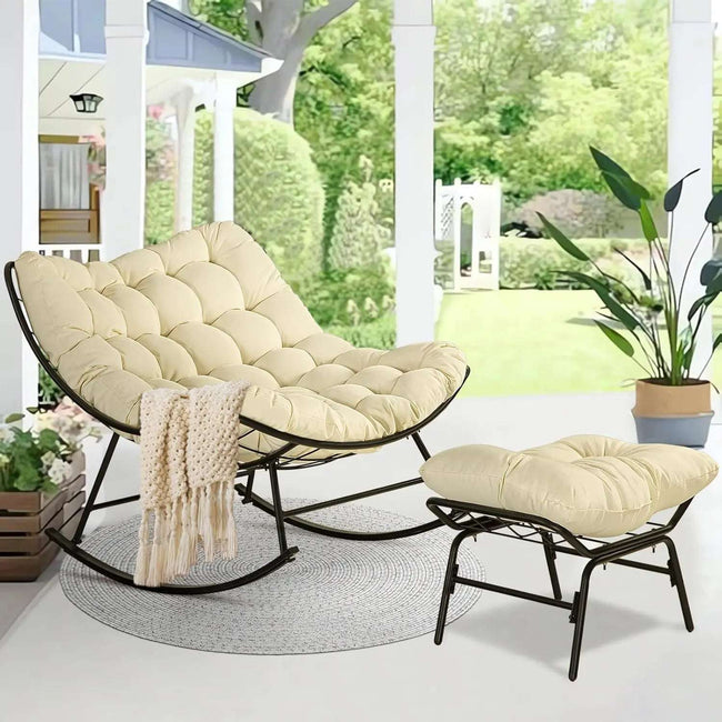 Patio Rocking Egg Reading Chair with Ottoman - Indoor & Outdoor, Steel Frame, Extra Wide, Cloud-Like Comfort