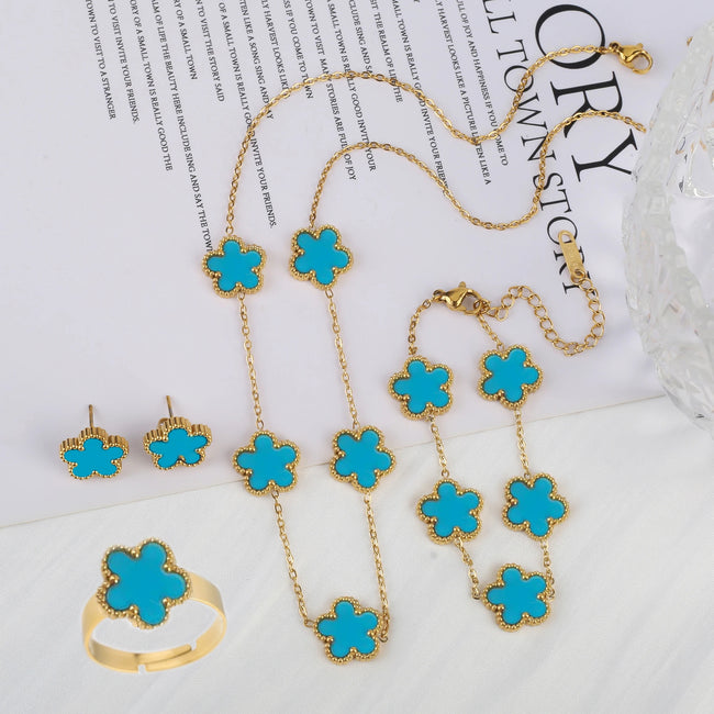Five Leaf Flower Jewelry Set – Stainless Steel Necklace, Bracelet, Earrings & Ring for Women (4-Piece Luxury Set) - TheWellBeing4All