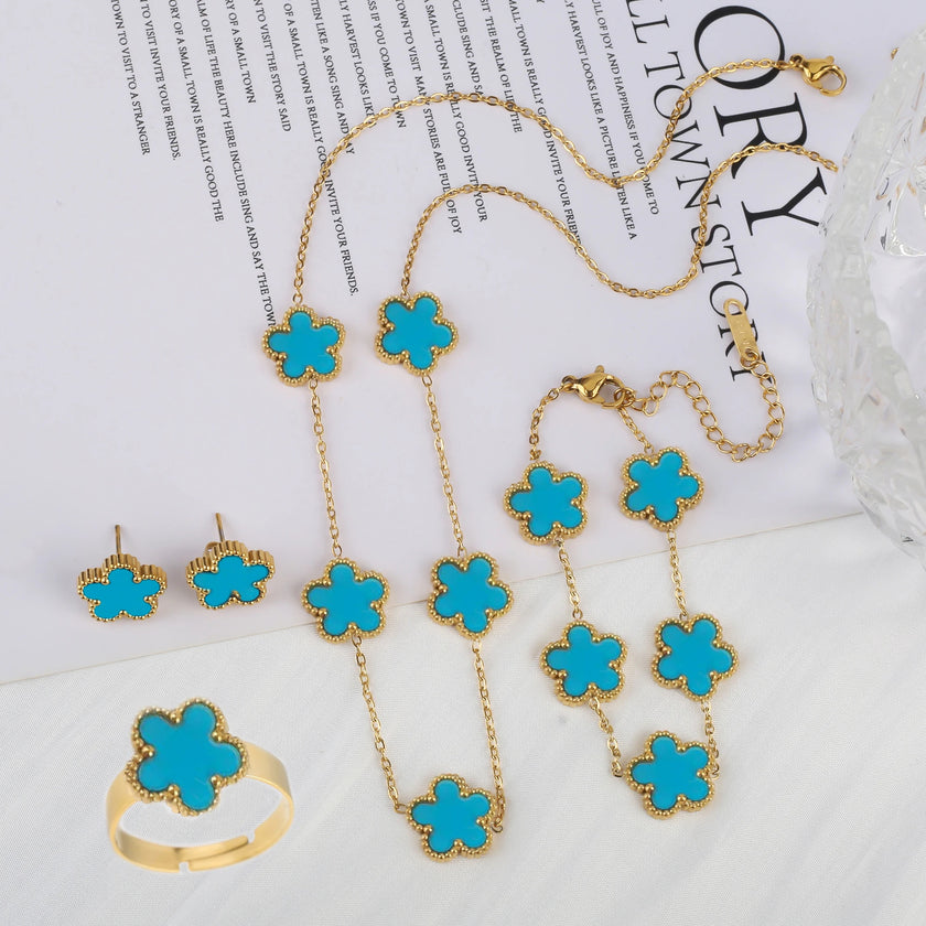 Five Leaf Flower Jewelry Set – Stainless Steel Necklace, Bracelet, Earrings & Ring for Women (4-Piece Luxury Set) - TheWellBeing4All