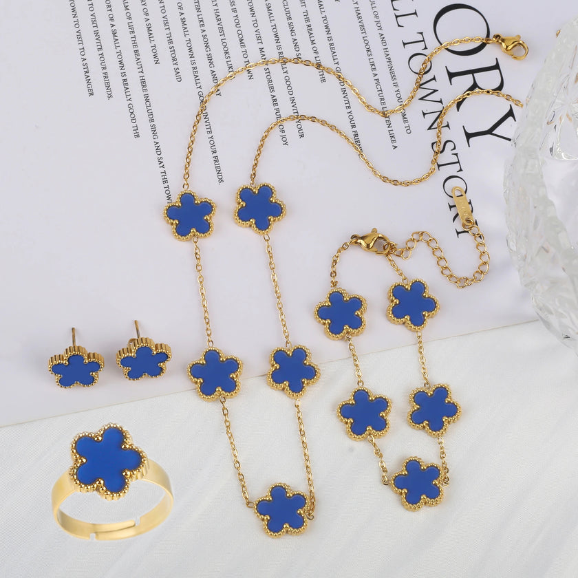 Five Leaf Flower Jewelry Set – Stainless Steel Necklace, Bracelet, Earrings & Ring for Women (4-Piece Luxury Set) - TheWellBeing4All