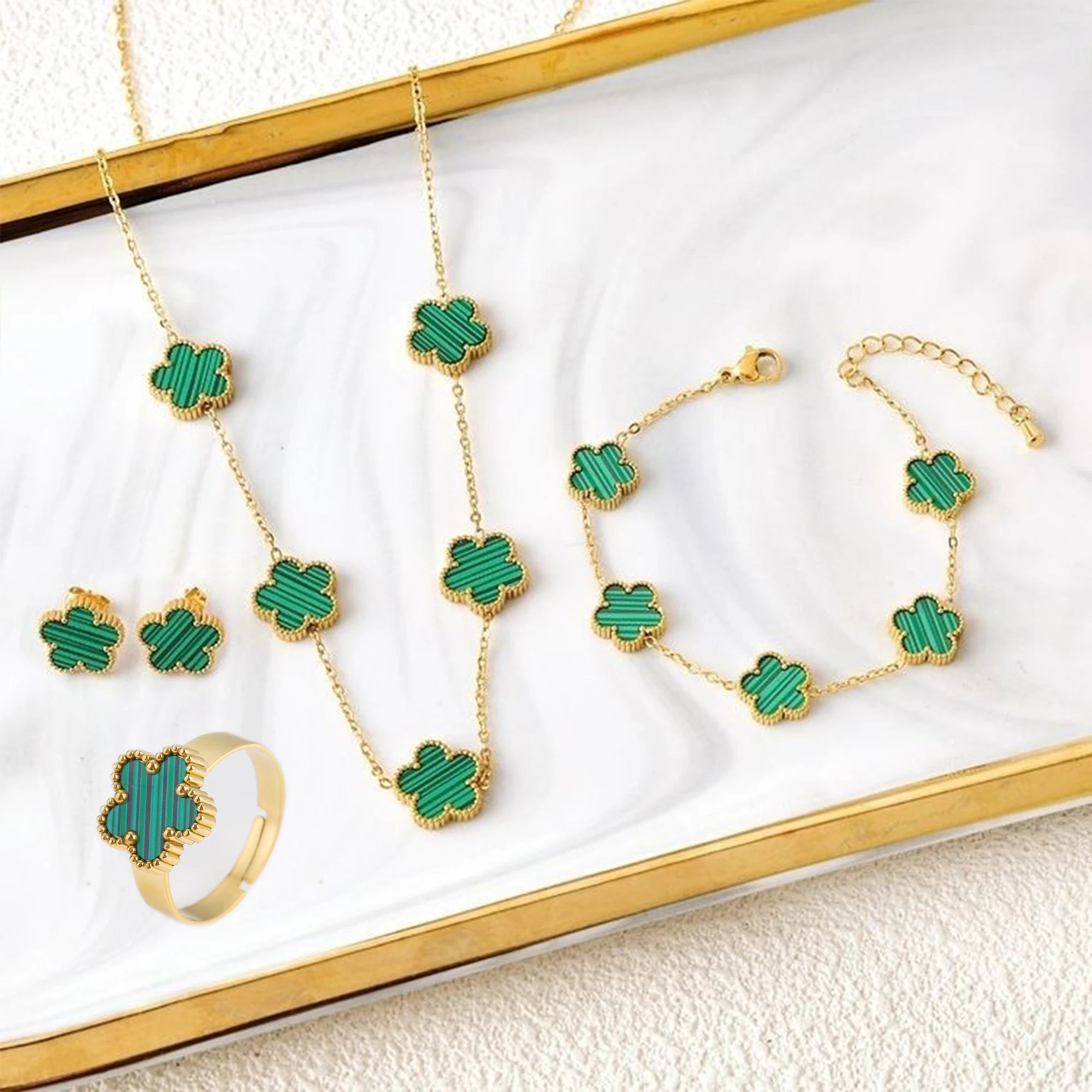 Five Leaf Flower Jewelry Set – Stainless Steel Necklace, Bracelet, Earrings & Ring for Women (4-Piece Luxury Set) - TheWellBeing4All