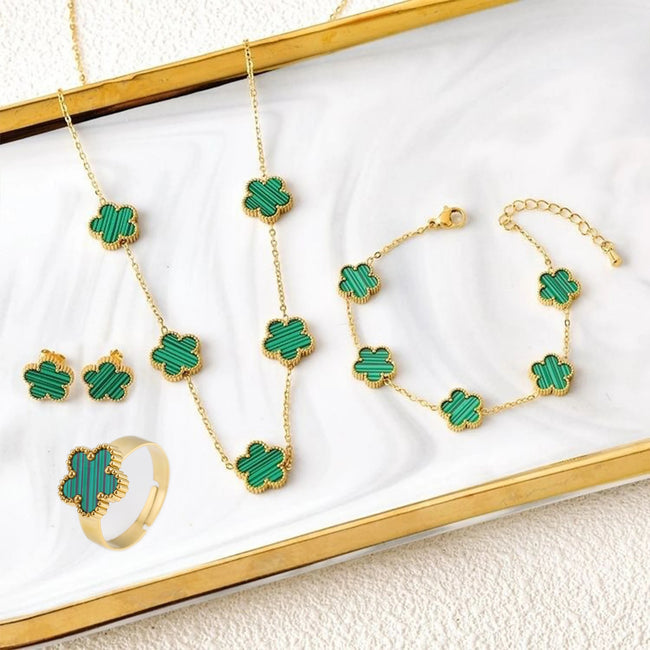 Five Leaf Flower Jewelry Set – Stainless Steel Necklace, Bracelet, Earrings & Ring for Women (4-Piece Luxury Set) - TheWellBeing4All