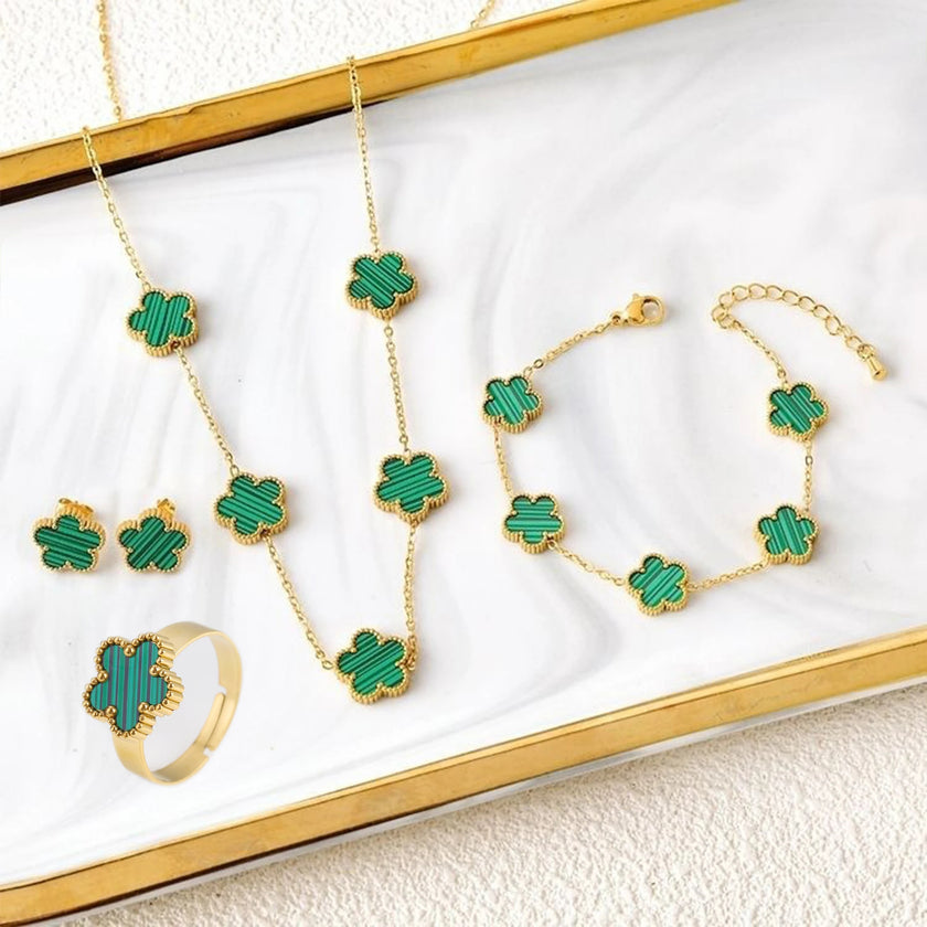 Five Leaf Flower Jewelry Set – Stainless Steel Necklace, Bracelet, Earrings & Ring for Women (4-Piece Luxury Set) - TheWellBeing4All