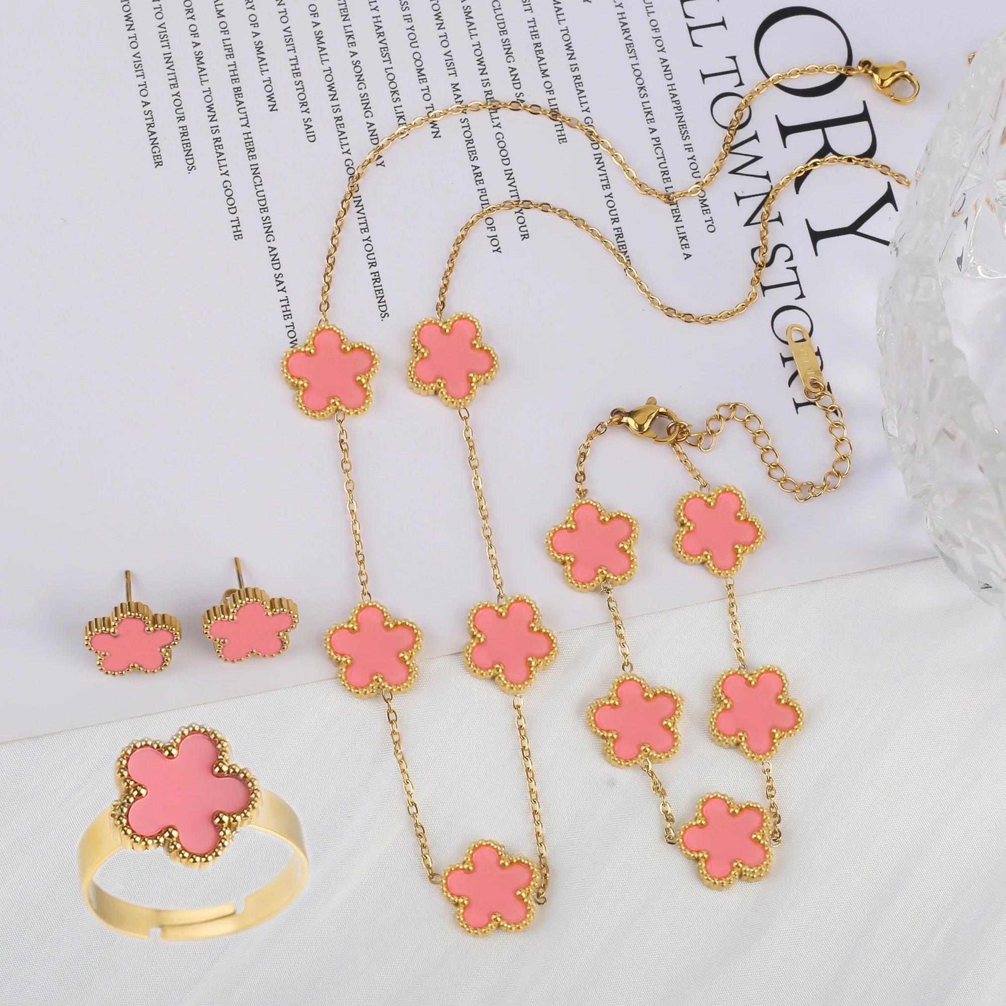 Five Leaf Flower Jewelry Set – Stainless Steel Necklace, Bracelet, Earrings & Ring for Women (4-Piece Luxury Set) - TheWellBeing4All