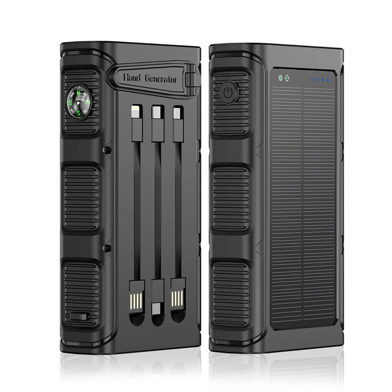 Hand Crank Solar Power Bank 30000mAh with PD 20W Fast Charging, LED Camping Light, Built-in Cables - TheWellBeing4All