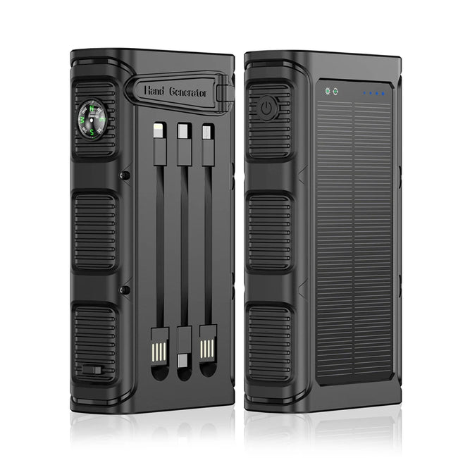 Hand Crank Solar Power Bank 30000mAh with PD 20W Fast Charging, LED Camping Light, Built-in Cables - TheWellBeing4All