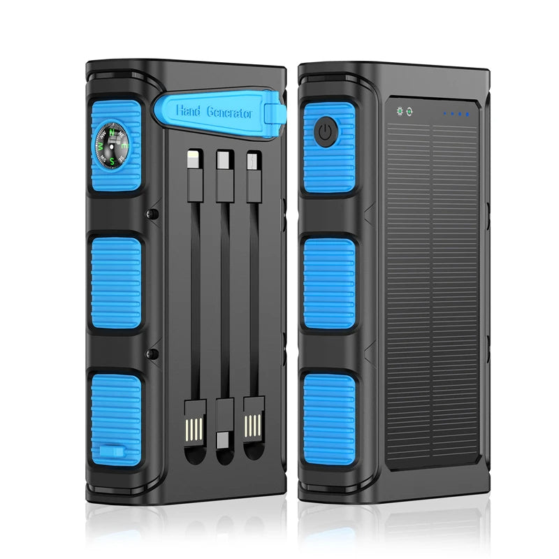 Hand Crank Solar Power Bank 30000mAh with PD 20W Fast Charging, LED Camping Light, Built-in Cables - TheWellBeing4All