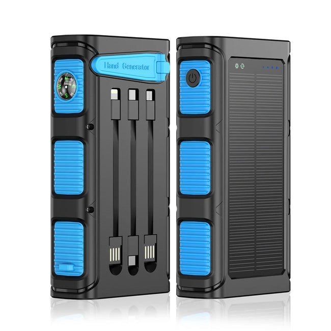 Hand Crank Solar Power Bank 30000mAh with PD 20W Fast Charging, LED Camping Light, Built-in Cables - TheWellBeing4All