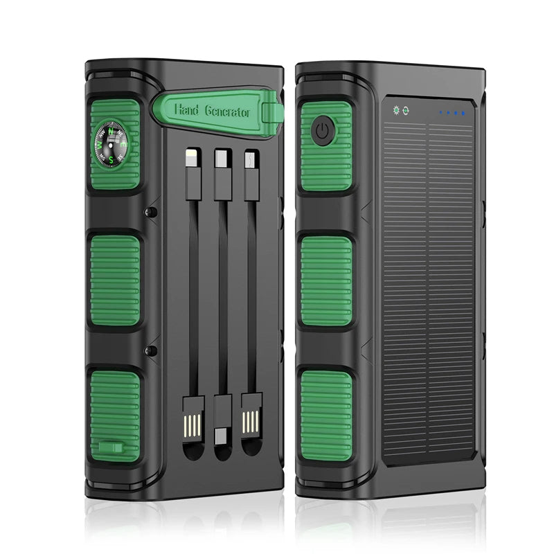 Hand Crank Solar Power Bank 30000mAh with PD 20W Fast Charging, LED Camping Light, Built-in Cables - TheWellBeing4All