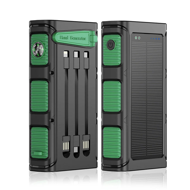 Hand Crank Solar Power Bank 30000mAh with PD 20W Fast Charging, LED Camping Light, Built-in Cables - TheWellBeing4All