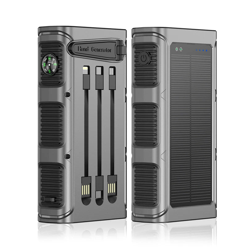 Hand Crank Solar Power Bank 30000mAh with PD 20W Fast Charging, LED Camping Light, Built-in Cables - TheWellBeing4All