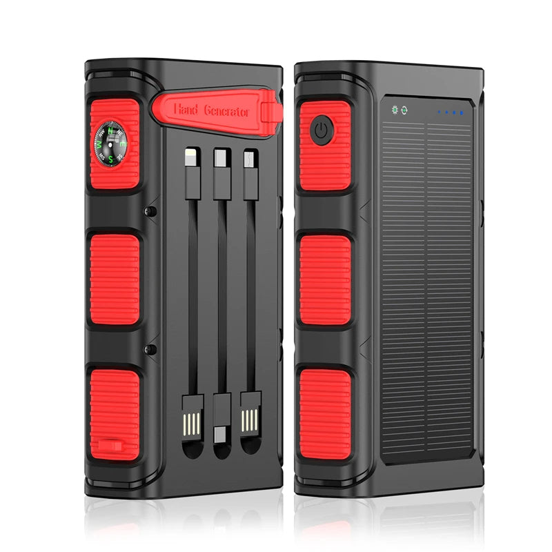 Hand Crank Solar Power Bank 30000mAh with PD 20W Fast Charging, LED Camping Light, Built-in Cables - TheWellBeing4All