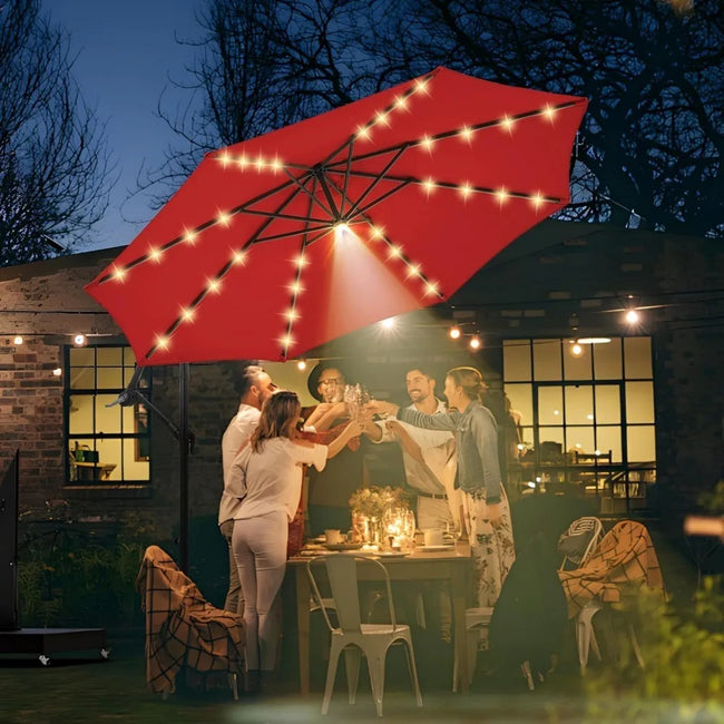 10ft Solar LED Offset Patio Umbrella – Hurricane-Proof Cantilever Design with 32+1 Lights, SPF 50+ UV Protection & Stand Included - TheWellBeing4All