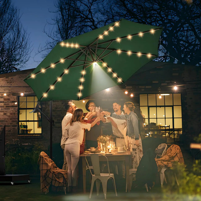 10ft Solar LED Offset Patio Umbrella – Hurricane-Proof Cantilever Design with 32+1 Lights, SPF 50+ UV Protection & Stand Included - TheWellBeing4All