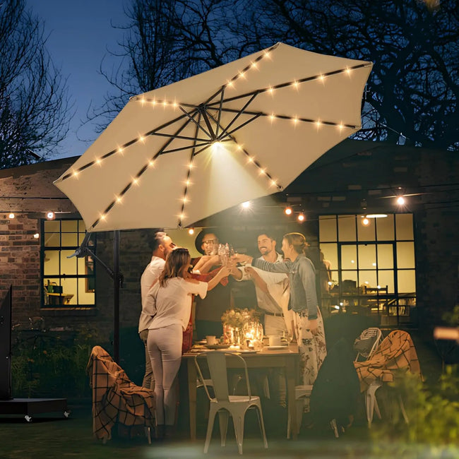10ft Solar LED Offset Patio Umbrella – Hurricane-Proof Cantilever Design with 32+1 Lights, SPF 50+ UV Protection & Stand Included - TheWellBeing4All