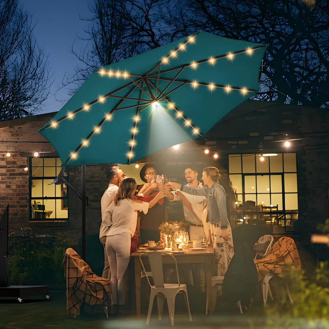 10ft Solar LED Offset Patio Umbrella – Hurricane-Proof Cantilever Design with 32+1 Lights, SPF 50+ UV Protection & Stand Included - TheWellBeing4All