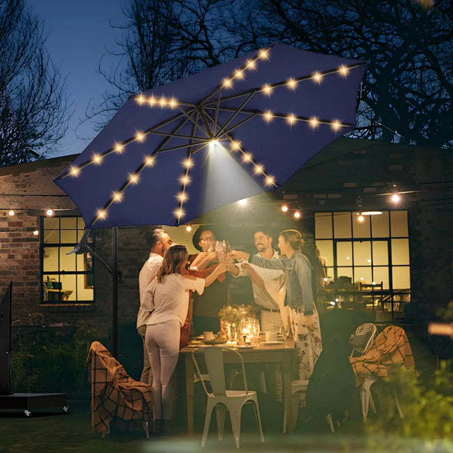 10ft Solar LED Offset Patio Umbrella – Hurricane-Proof Cantilever Design with 32+1 Lights, SPF 50+ UV Protection & Stand Included - TheWellBeing4All