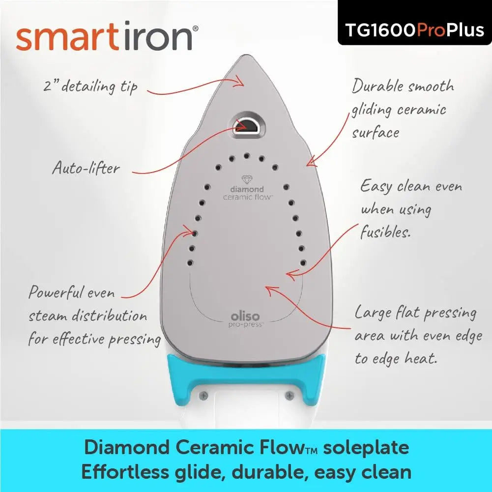 Oliso TG1600 Pro Plus 1800 Watt Smart Iron with Auto Lift - Diamond Ceramic Soleplate - TheWellBeing4All