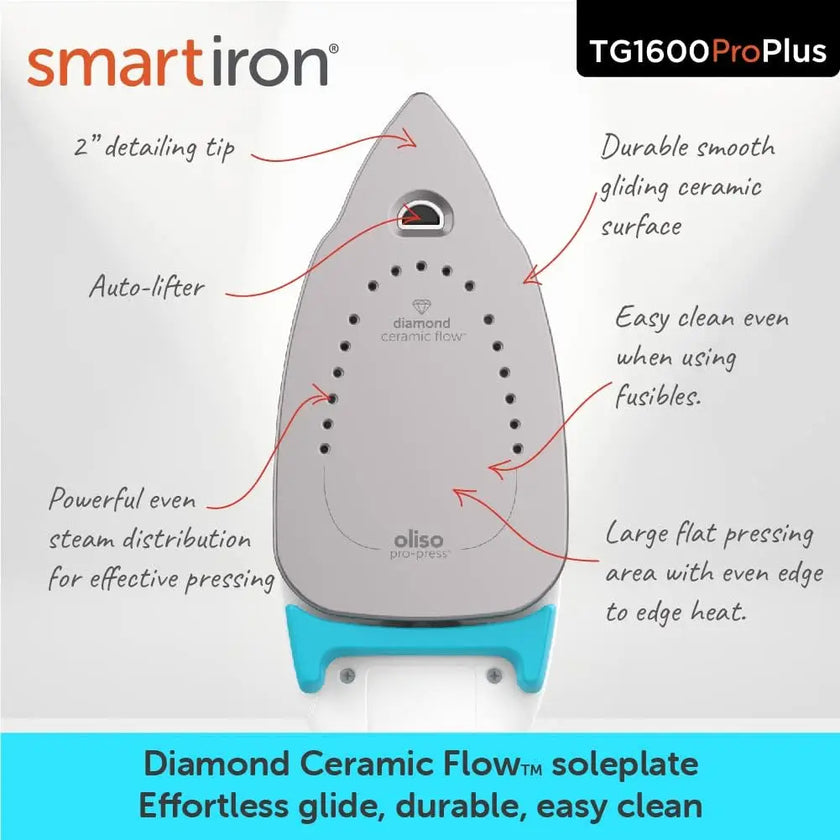 Oliso TG1600 Pro Plus 1800 Watt Smart Iron with Auto Lift - Diamond Ceramic Soleplate - TheWellBeing4All